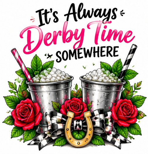 Two mint julep cups with roses and the saying It’s Always Derby Time Somewhere