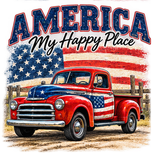 A classic red pickup with stars-and-stripes style.