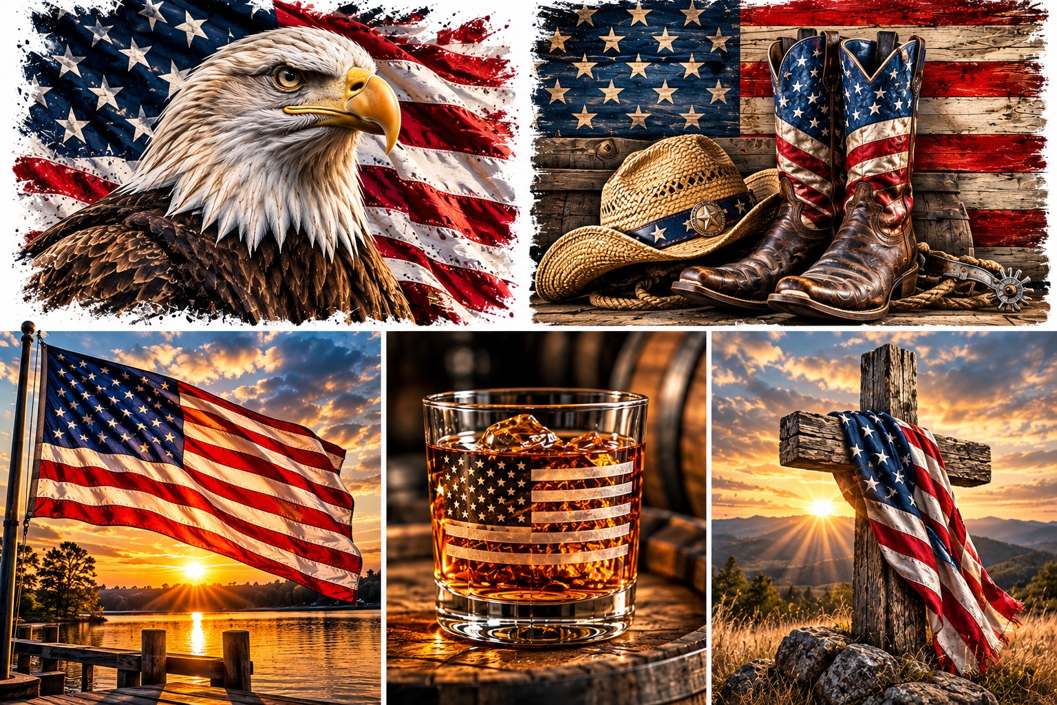 A bold bald eagle portrait with the American flag.