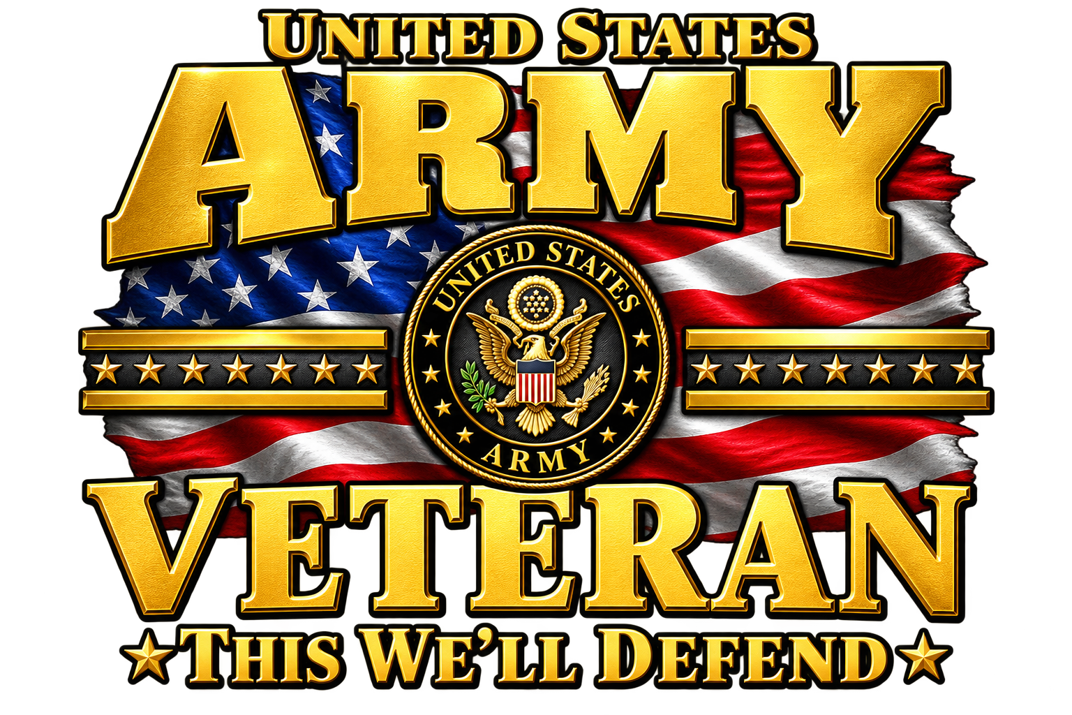 United States Army Veteran with gold lettering, American flag and military emblem