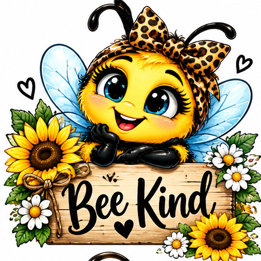 A cheerful bee with a leopard bow and sunflower sign.