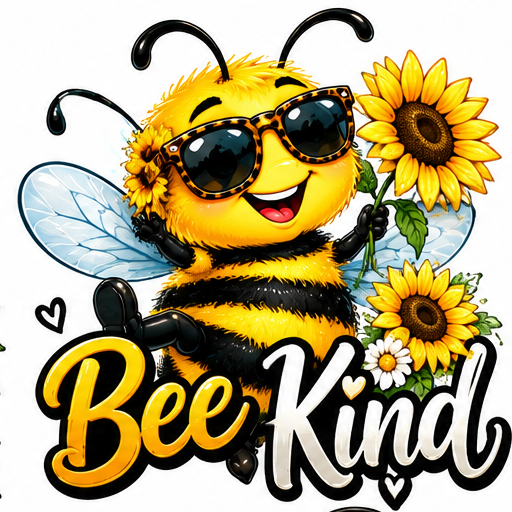 A cool bee with sunglasses and a bright sunflower.