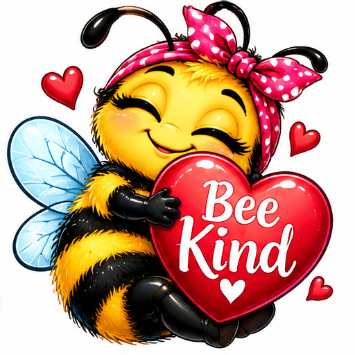 A smiling bee hugging a big red heart.