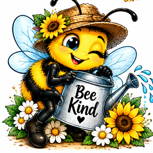 A happy gardening bee with a watering can.