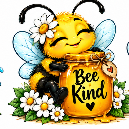 A sweet little bee cuddling a golden honey jar.