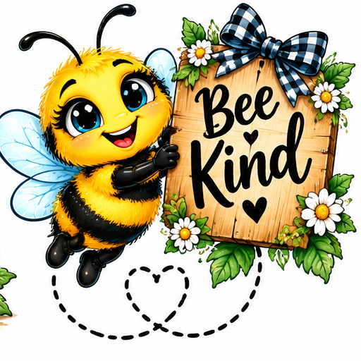 A joyful bee flying beside a flower-covered sign.