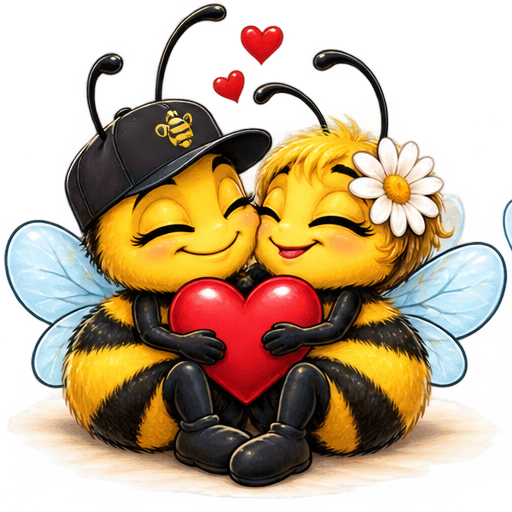 A cuddly bee couple sharing a heart.
