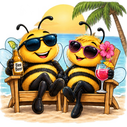 A bee couple relaxing with tropical drinks.