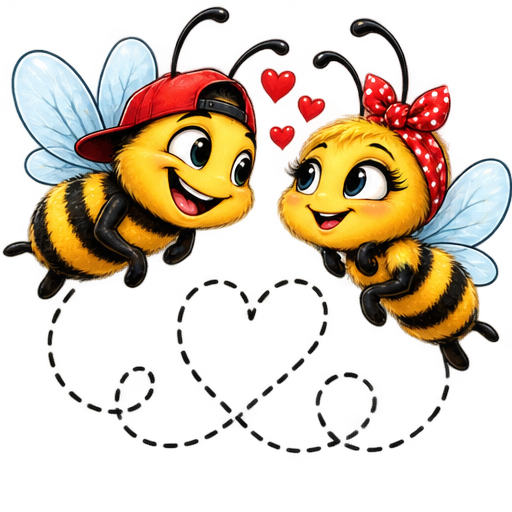Two playful bees with a heart-shaped flight trail.