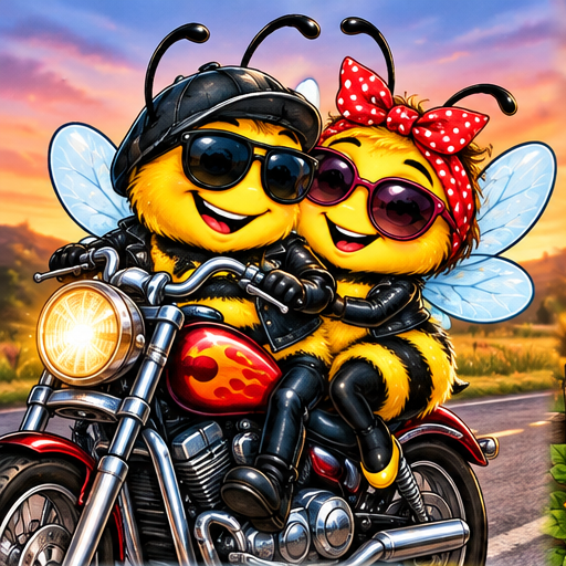A bee couple ready for a motorcycle adventure.