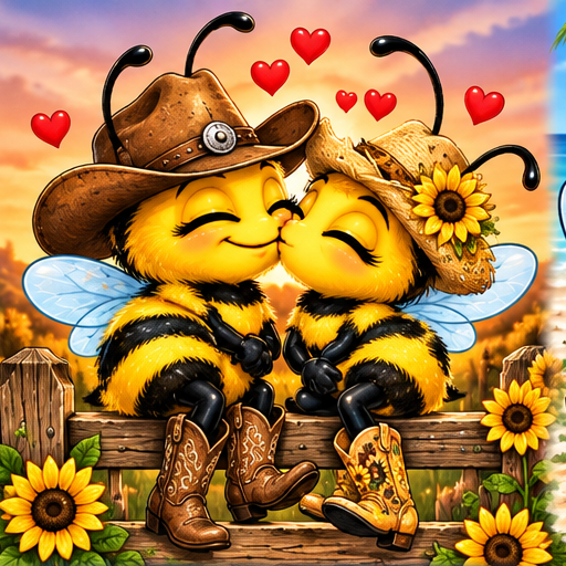 Two country bees sharing a sweet kiss.