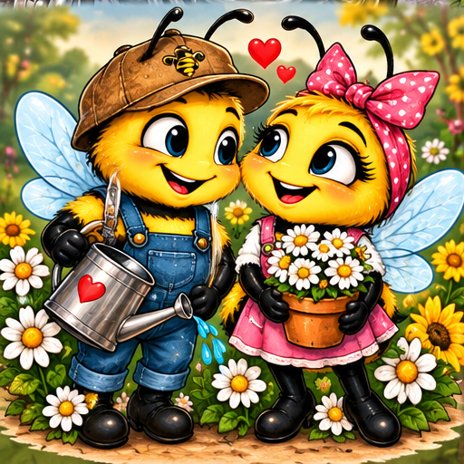A gardening bee couple with fresh flowers.