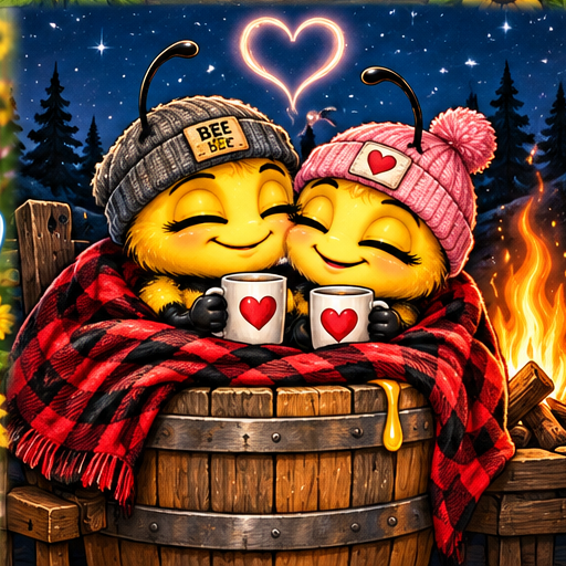 A cozy bee couple sharing a fireside cuddle.