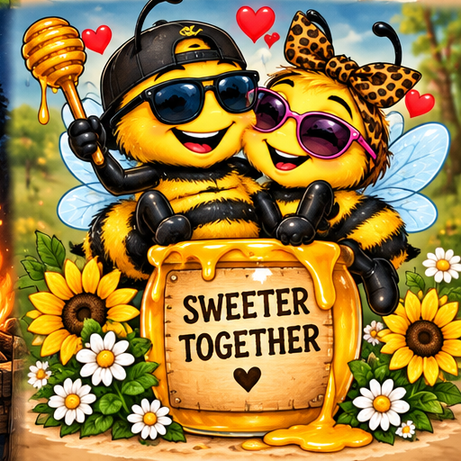 Two sweet bees beside a golden honey pot.