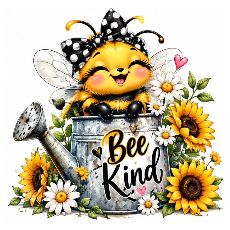 A happy bee in a watering can surrounded by sunflowers and daisies.