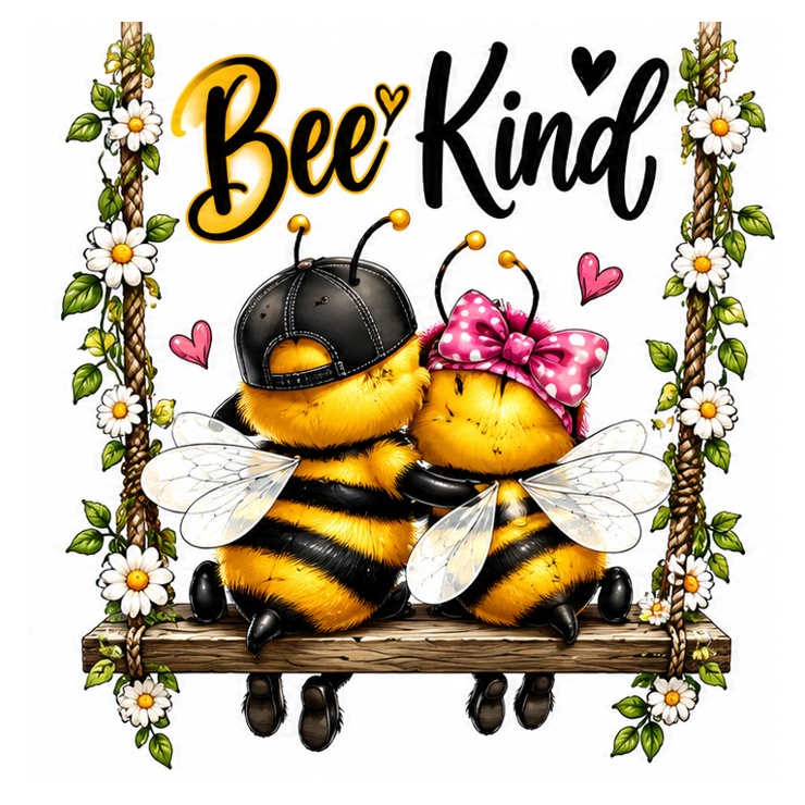 Two cuddly bees sharing a flower-covered swing.