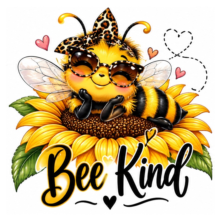 A stylish bee with leopard-print sunglasses relaxing on a sunflower.