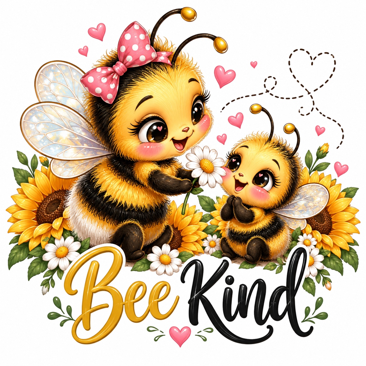 A sweet bee sharing a daisy with a delighted little bee, surrounded by sunflowers and hearts.