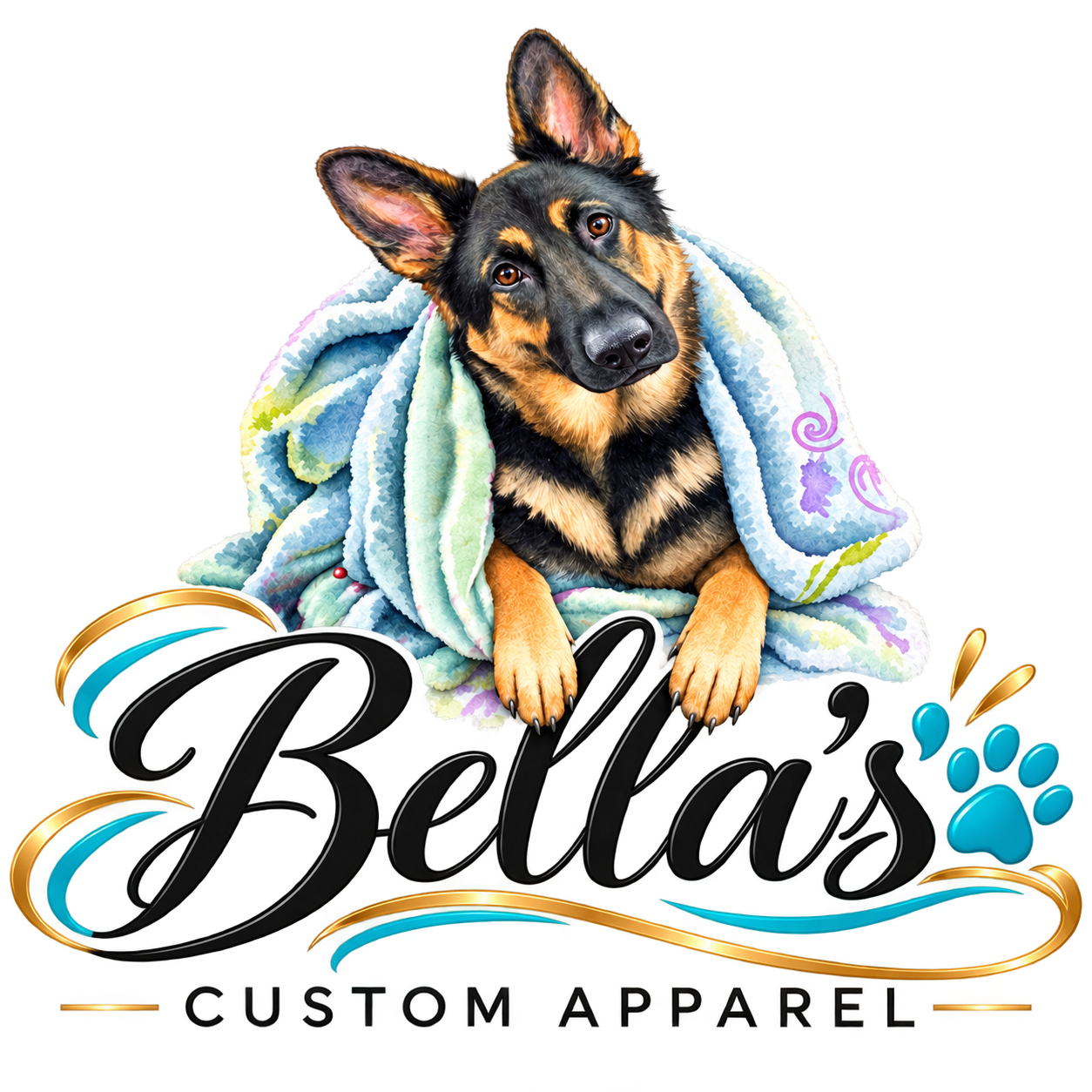 Bella's Custom Apparel logo featuring a German Shepherd