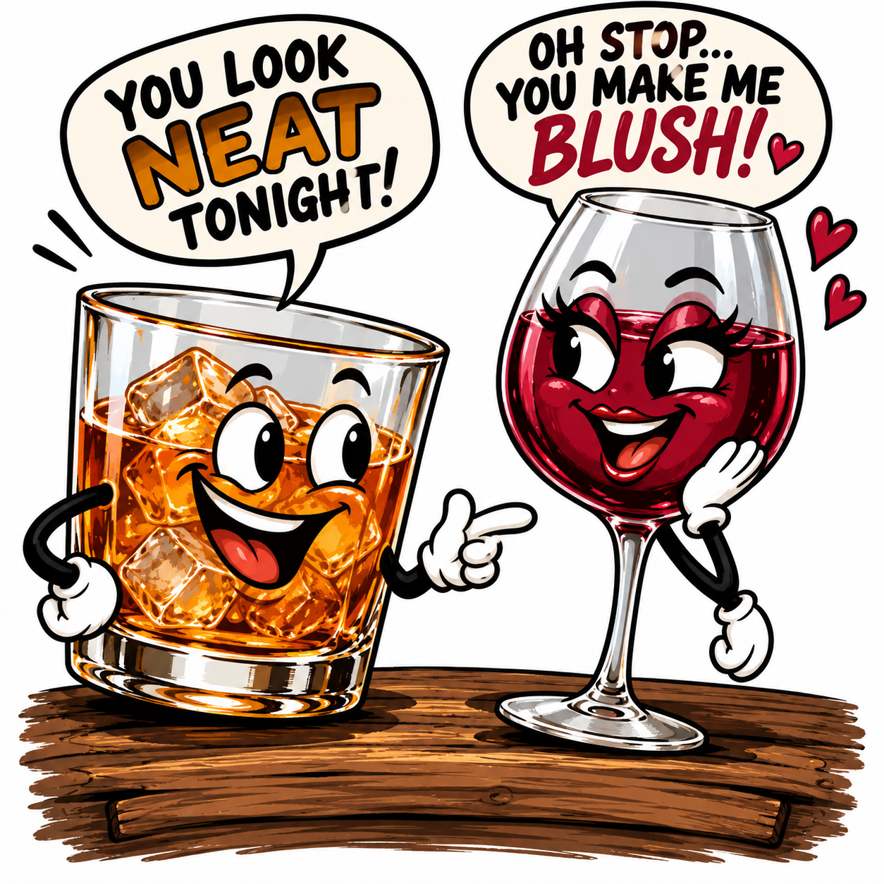 Cartoon bourbon and wine glasses saying You look neat tonight