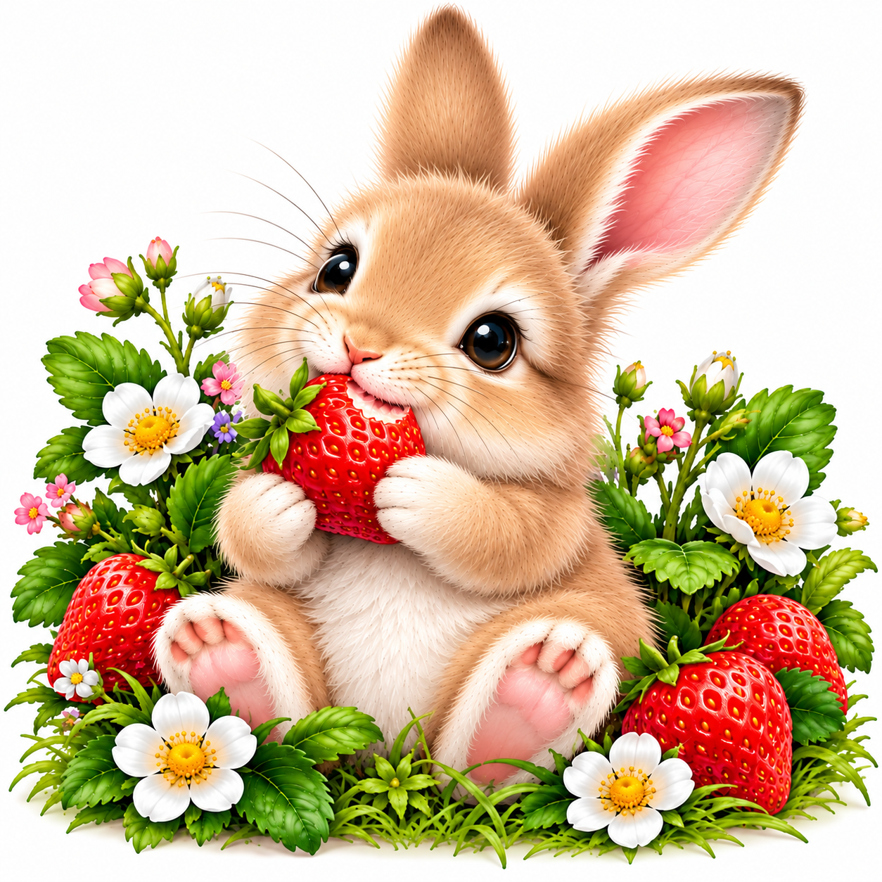 Soft fluffy bunny nibbling a strawberry among strawberry blossoms and pink flowers