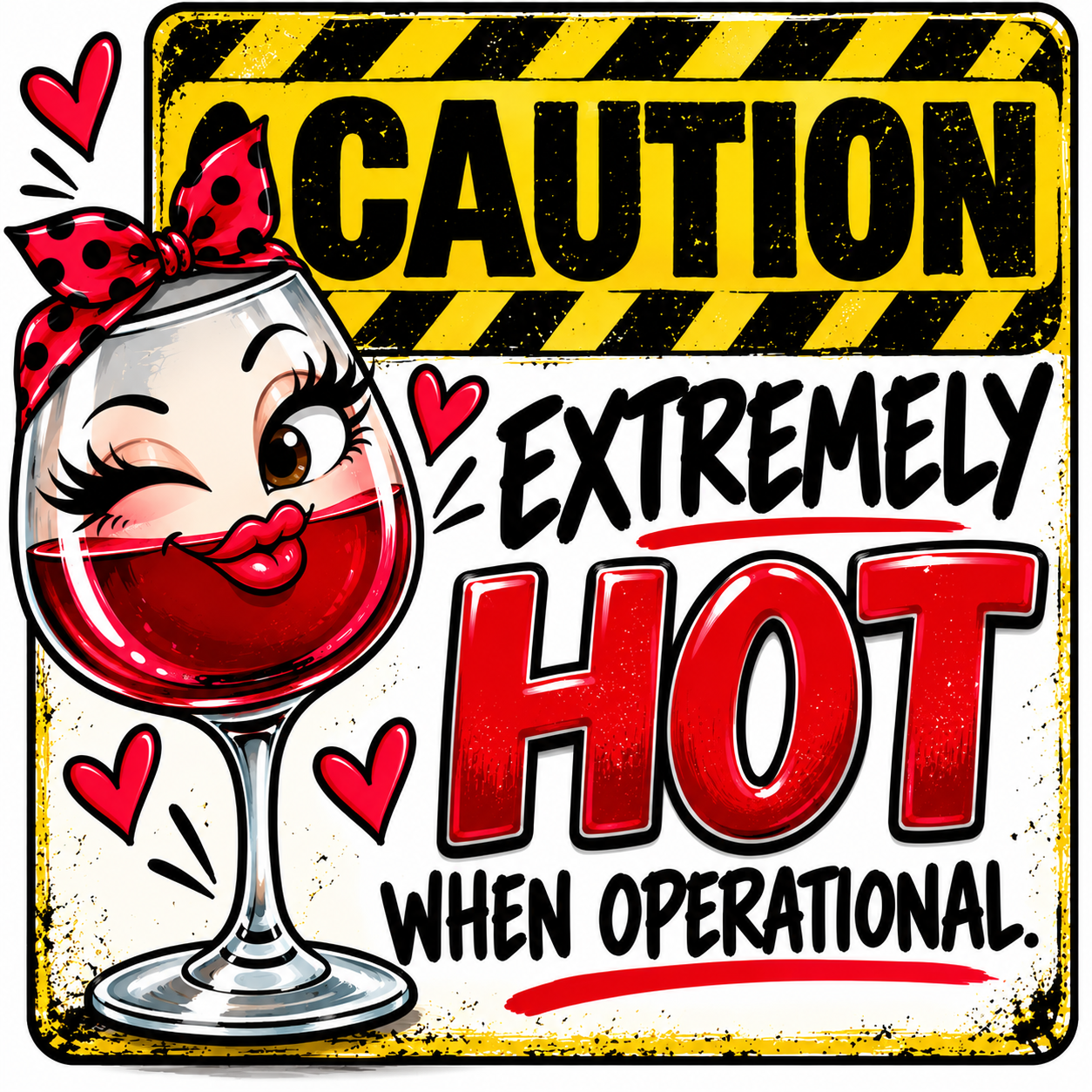 Winking cartoon wine glass beside Caution Extremely Hot When Operational lettering
