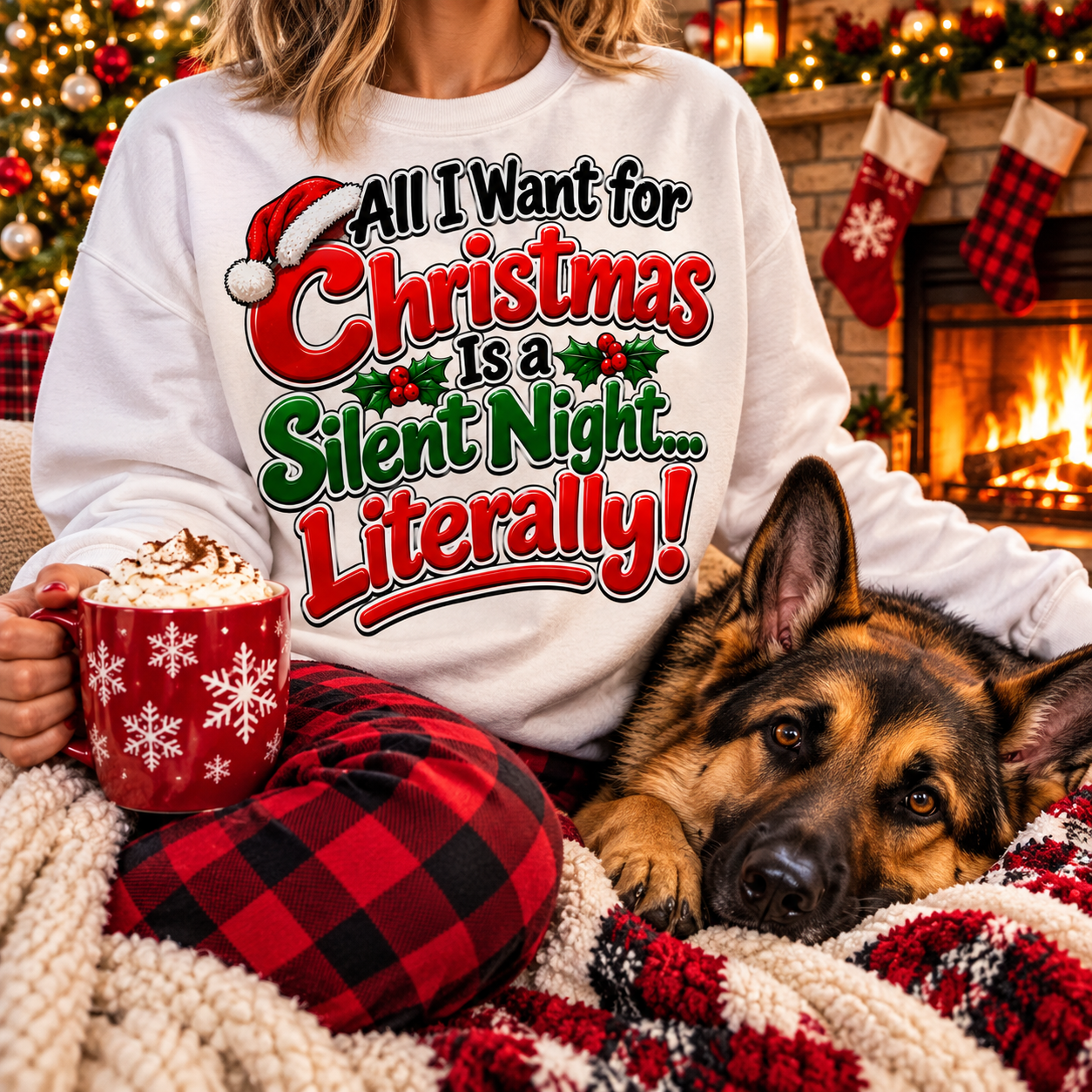White Silent Night Christmas sweatshirt worn beside a fireplace with a German Shepherd