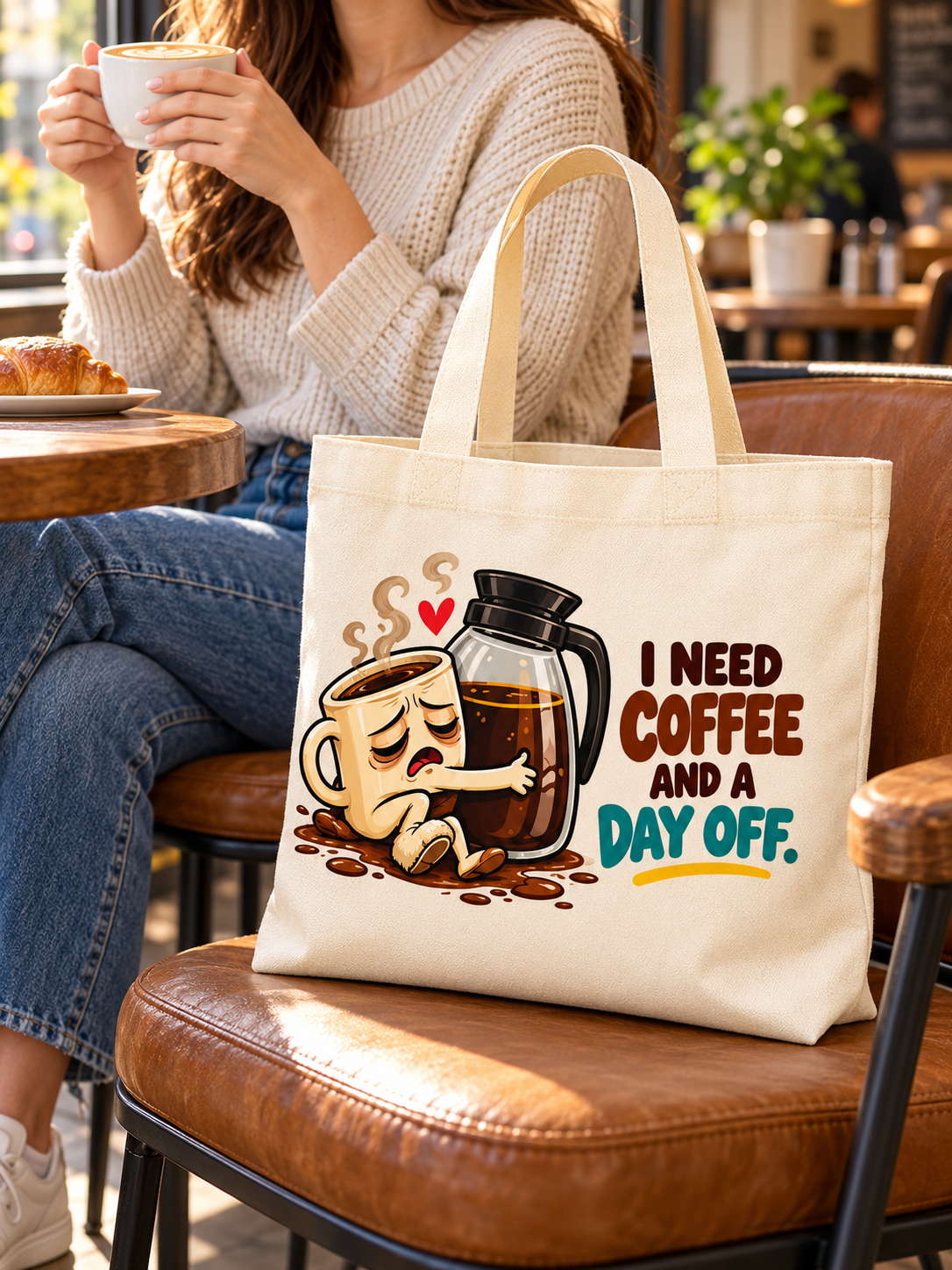 Cream canvas tote bag with the I Need Coffee and a Day Off cartoon on a chair beside a woman enjoying coffee at a café