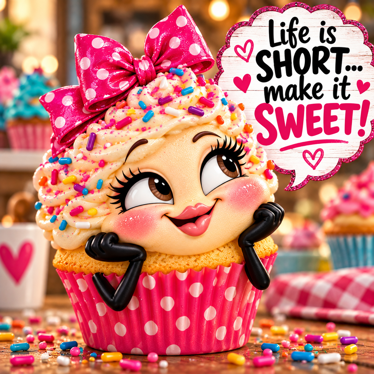 A sweet smiling cupcake with a pink bow, sprinkles and a cheerful reminder to enjoy life.