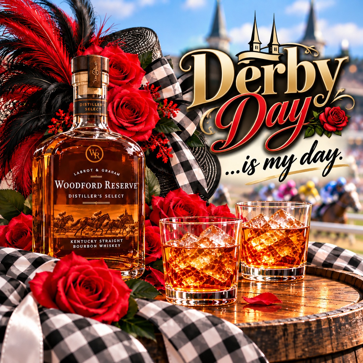 Woodford Reserve bottle with bourbon glasses, roses and the saying Derby Day is my day