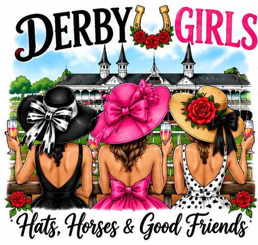 Three friends in colorful Derby hats with roses and a racetrack