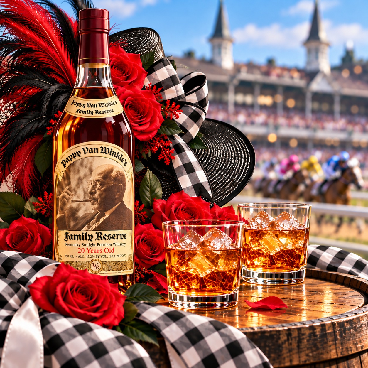 Pappy Van Winkle bottle with two bourbon glasses, red roses and a black Derby hat