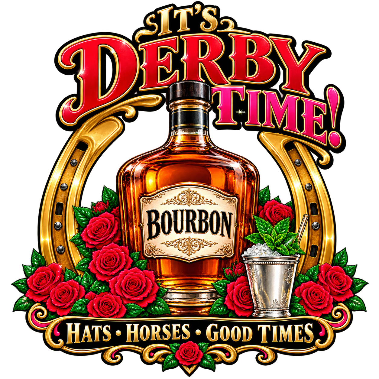 It’s Derby Time bourbon bottle design with a gold horseshoe, red roses and mint julep