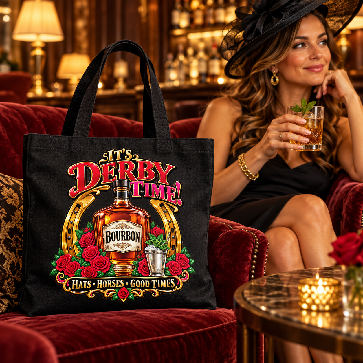 Black It’s Derby Time bourbon tote beside a woman relaxing in a lounge