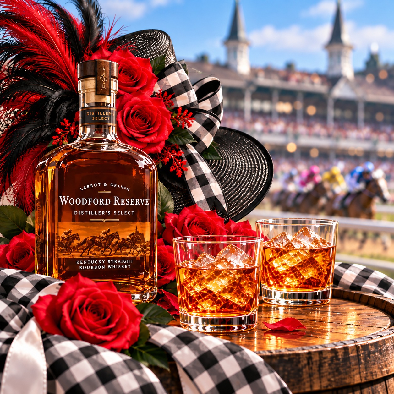 Woodford Reserve bottle with two bourbon glasses, red roses and a black Derby hat