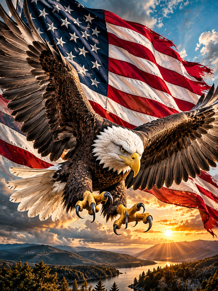 A soaring bald eagle and waving flag over a dramatic landscape.