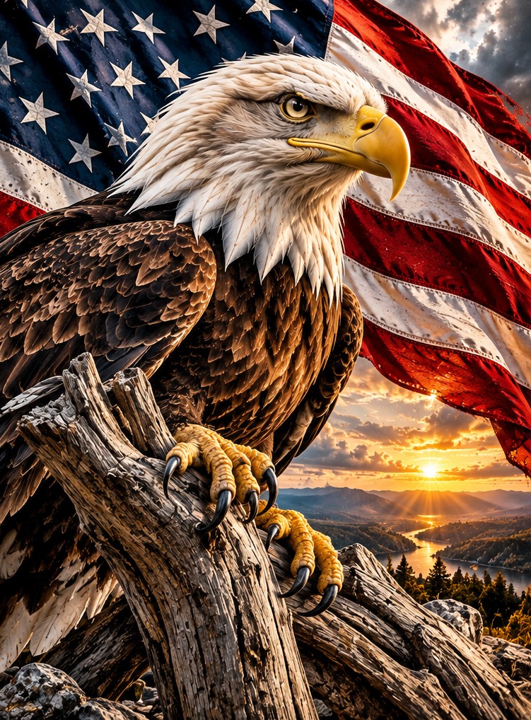 A powerful bald eagle with the flag against a glowing sunset.