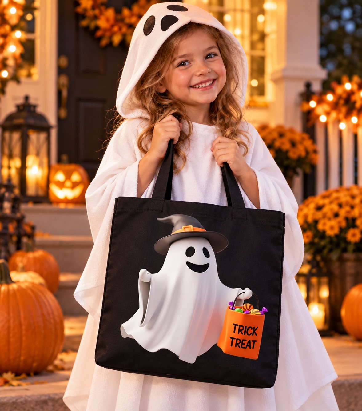 Child in a white ghost Halloween costume holding a black tote bag printed with a smiling ghost in a witch hat and an orange candy bucket