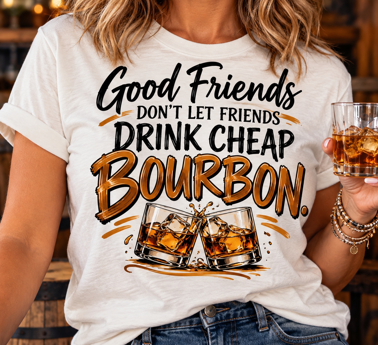 Woman wearing a white Good Friends Don’t Let Friends Drink Cheap Bourbon shirt and holding a bourbon glass