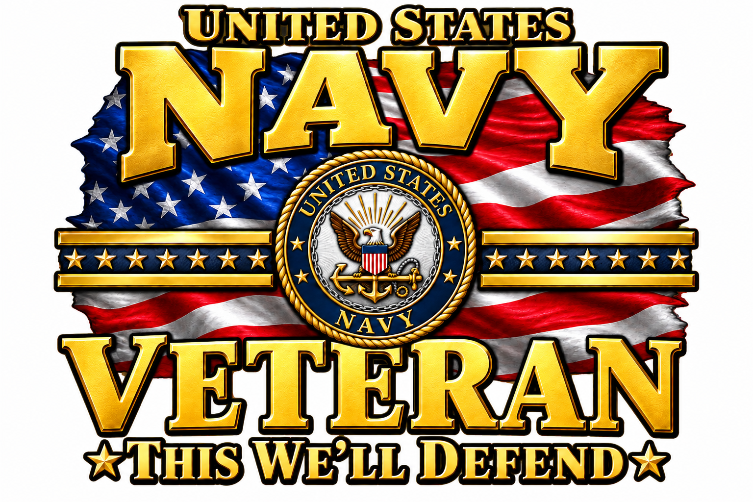 United States Navy Veteran with gold lettering, American flag and military emblem