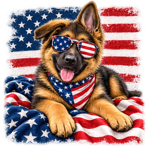 A patriotic German Shepherd sporting stars-and-stripes sunglasses.