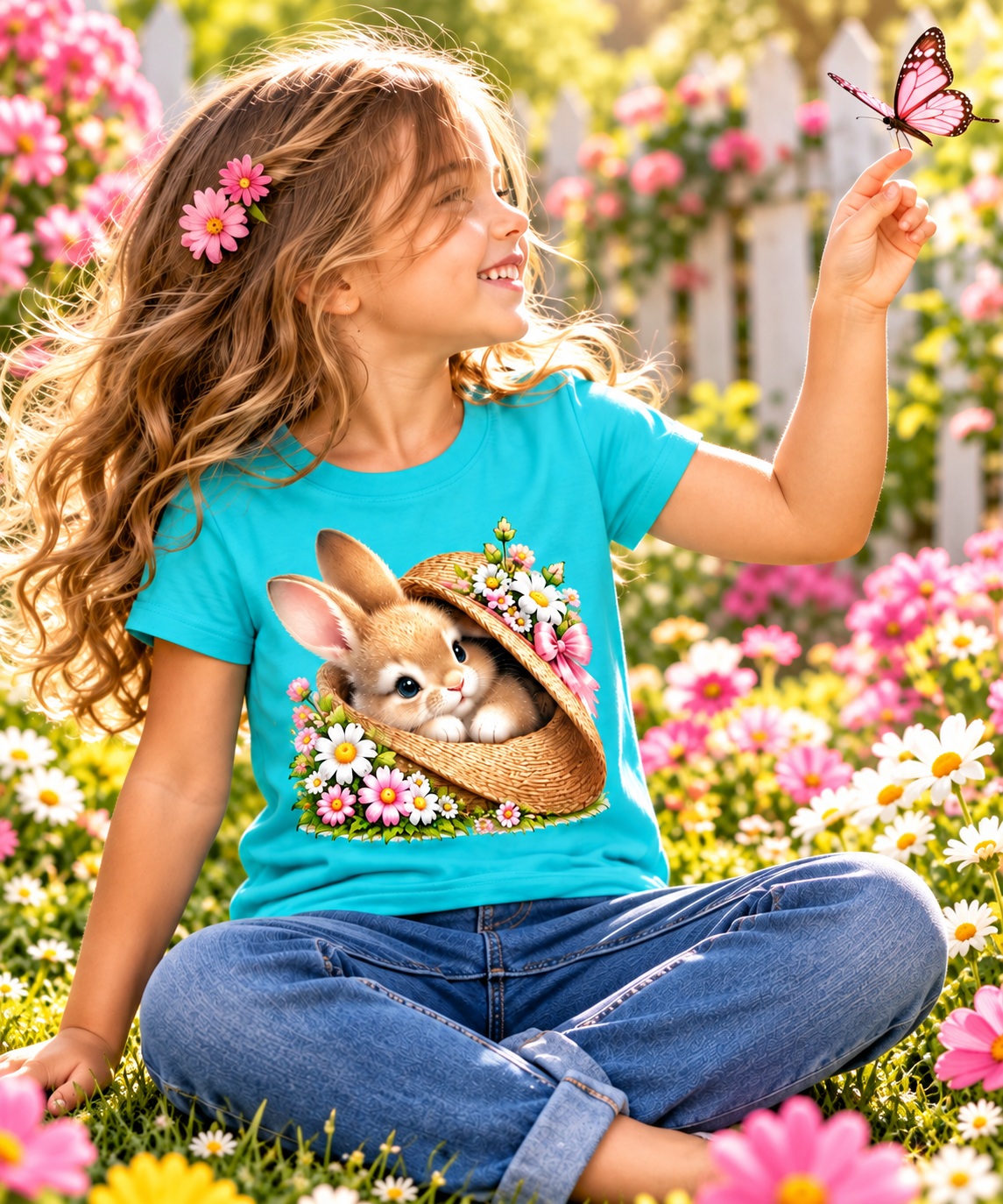 Little girl in a turquoise Peekaboo Bunny T-shirt sitting among colorful garden flowers and reaching toward a pink butterfly
