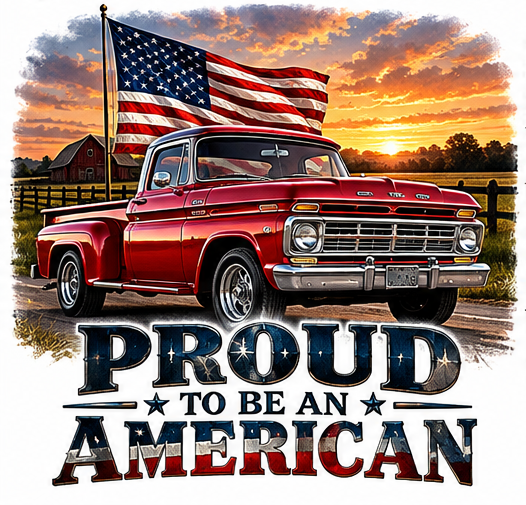 A classic red pickup and American flag against a country sunset. Proud to be an American.