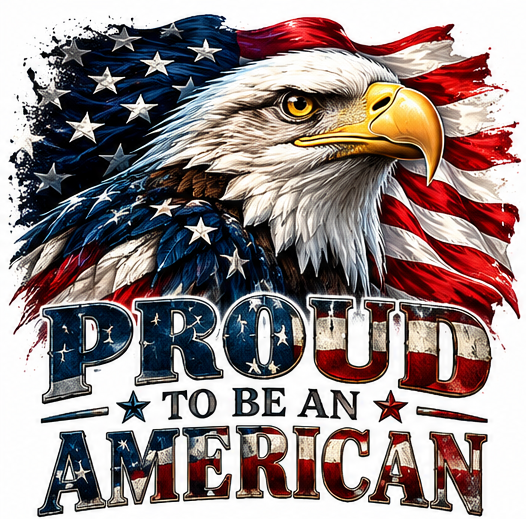 A bold bald eagle portrait with a flowing American flag. Proud to be an American.