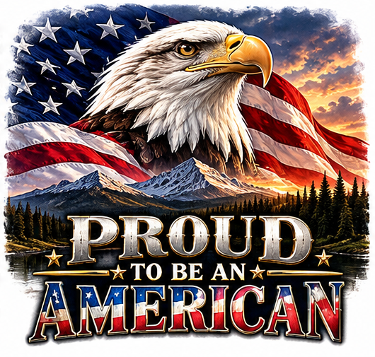 A proud bald eagle above mountains beneath the American flag. Proud to be an American.