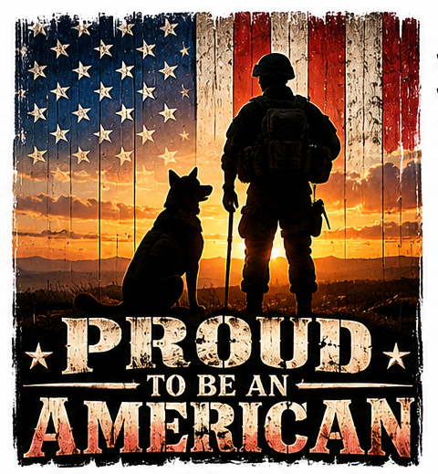 A soldier and loyal German Shepherd beneath the American flag at sunset. Proud to be an American.