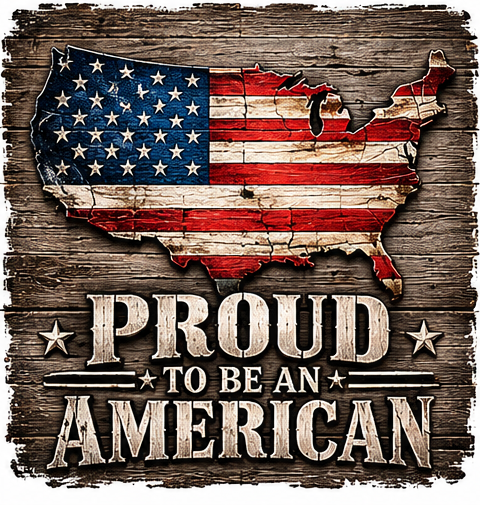 A rustic American flag map on weathered wood. Proud to be an American.