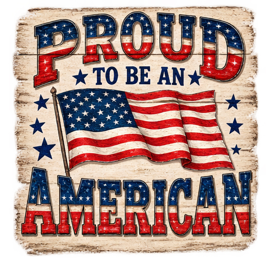 Bold red, white and blue lettering with the American flag.