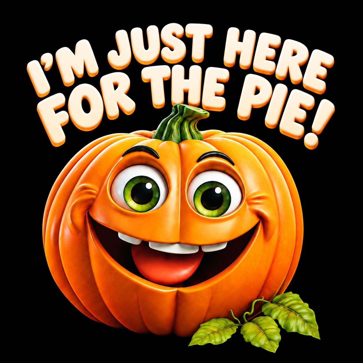 Smiling orange pumpkin with green eyes and the saying I’m Just Here for the Pie!