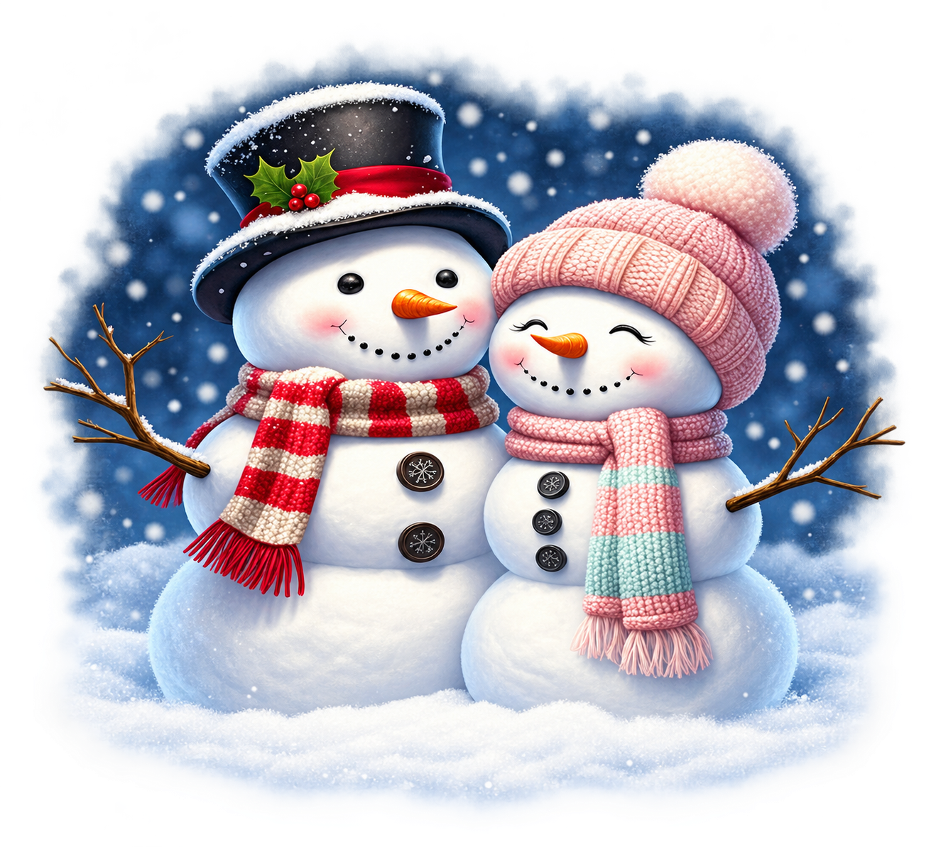 Smiling snowman couple with a black top hat, pink knit hat and softly faded snowy edges, as featured on the sweatshirt